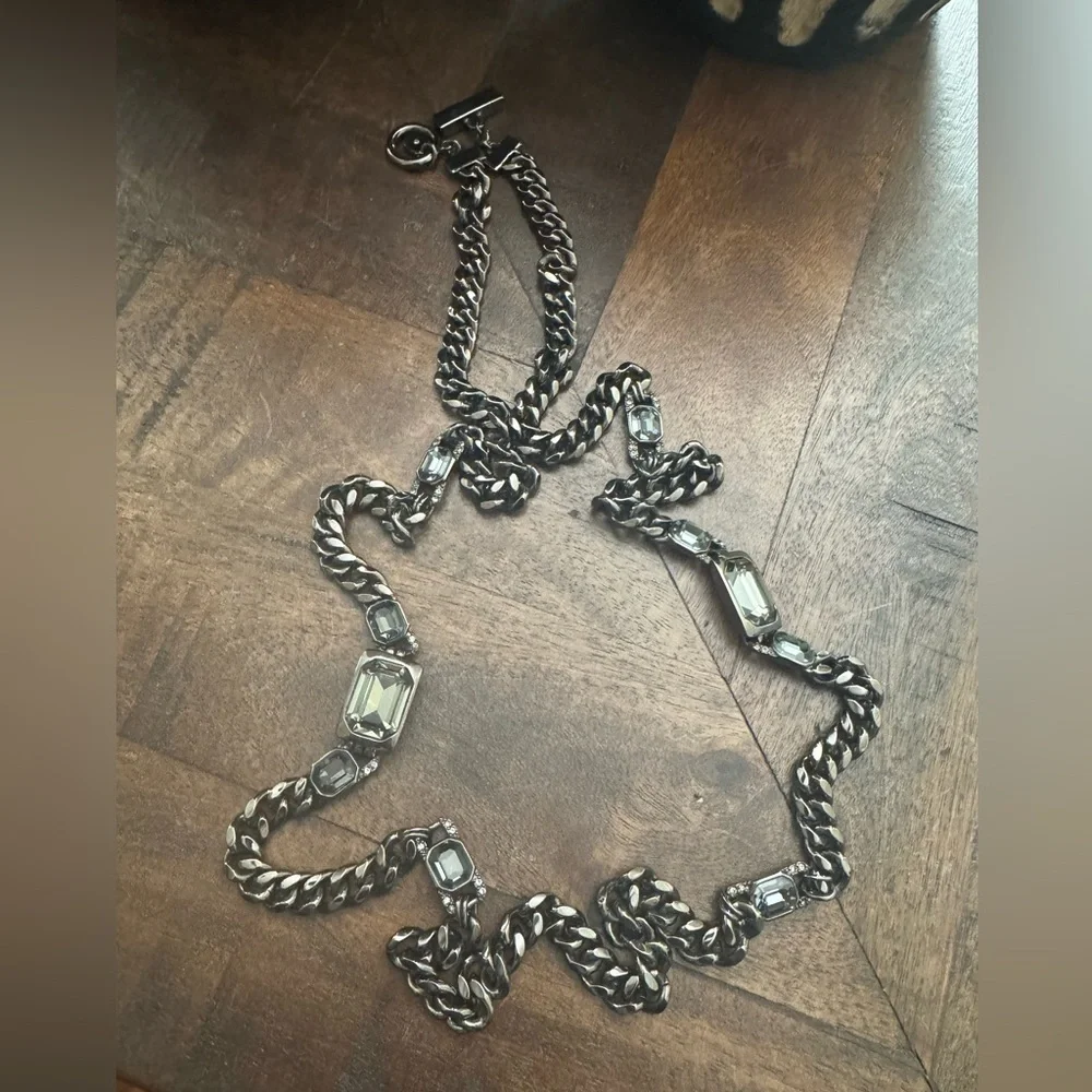 Givenchy Gunmetal Chain Necklace with Clear Crystals